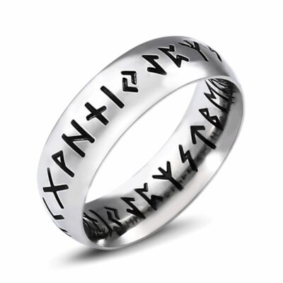Mens Silver Stainless Steel Norse Viking Double Sided Futhark Rune Ring Band