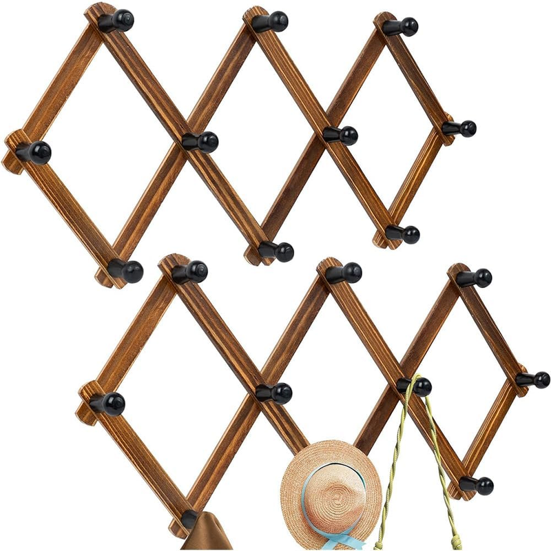 Accordion Wall Rack 2-Pack Wood Expandable Coat Peg Hanger Brown | Expandable Ac