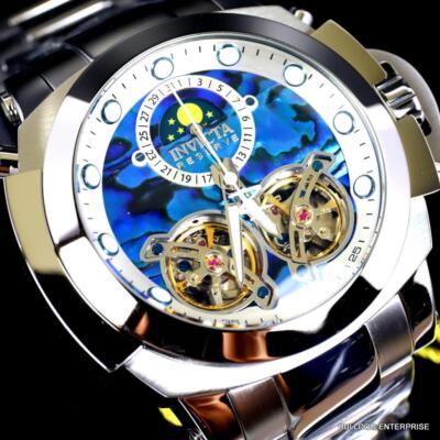 Pre-owned Invicta Man Of War Double Open Heart Automatic Moon Blue Abalone Watch