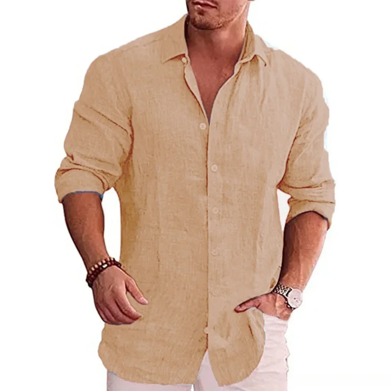 New Men'S Cotton Linen Autumn Hot Long-Sleeved Shirt Solid Colour Versatile Casu