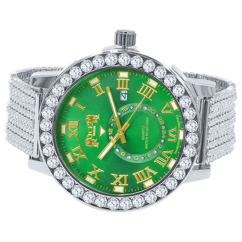 Pre-owned Icy Real Diamonds Gold Tone Emerald Green Solitaire Dial Custom Band Bezel Watch