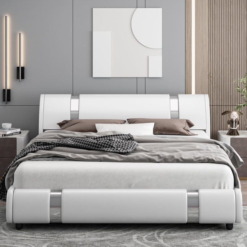 Luxury Modern Faux Leather Upholstered Curved Headboard Full