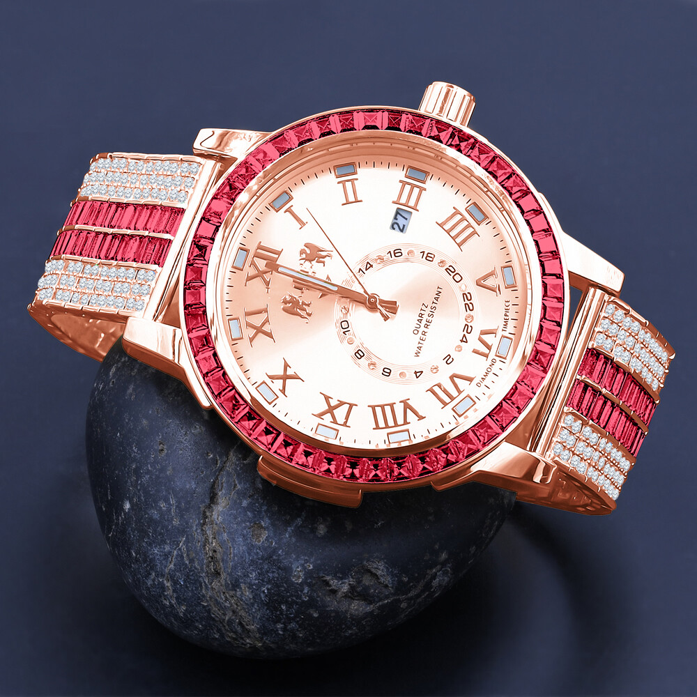 Pre-owned Ice House Icy Hot Pink Baguette Rose Gold Tone Pink Face Dial Custom Band Luxury Watch