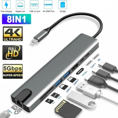8 in 1 Multiport USB-C Hub Type C To USB 3.0 4K HDMI Adapter For Macbook Laptop
