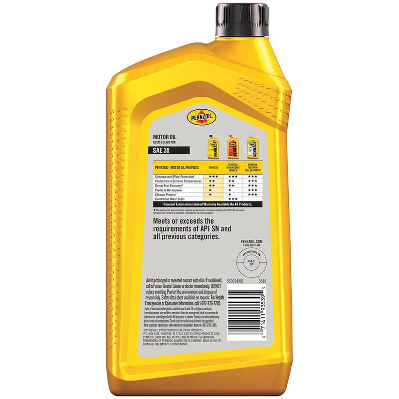 Pennzoil SAE 30 Motor Oil 1 Qt. High-Quality Engine Oil Automotive Maintenance
