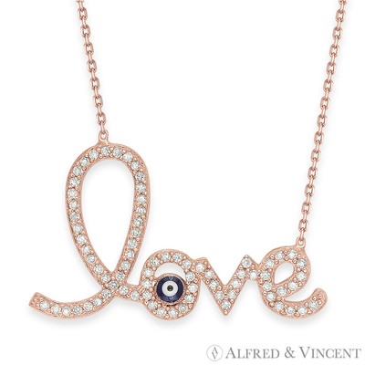 ''Love'' Word Charm Evil Eye Turkish Nazar Greek Pendant Sterling Silver Necklace