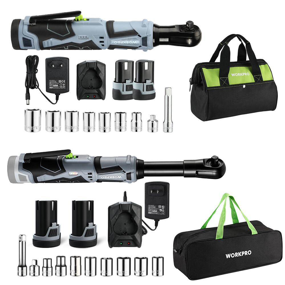 WORKPRO 3/8 Cordless Electric Ratchet Wrench Kit 40Ft-lbs Standard/Extended Head