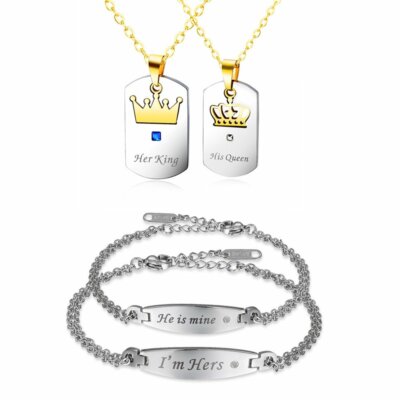 King Queen Matching Couple Necklace 'I am Hers & He is Mine' Chain Bracelets Set