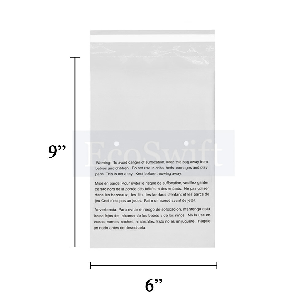 1-10000 6x9 EcoSwift Self Seal Suffocation Warning Clear Poly Bags Free Shipping