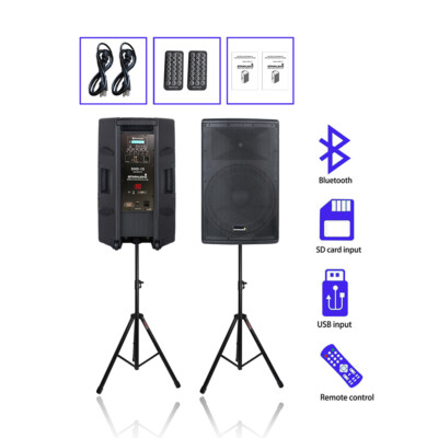 2Pcs 15'' Powered PA BT Loudspeakers + Speaker Stands Universal Adjustable Height