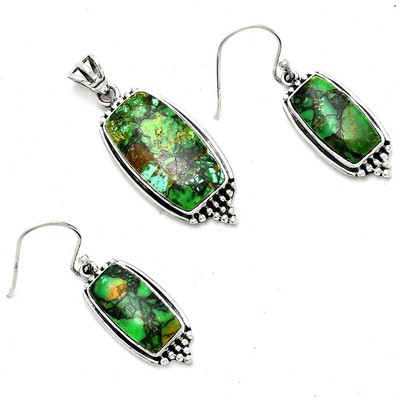 Green Matrix Turquoise 925 Sterling Silver Pendant Earrings Jewelry Set T-1007