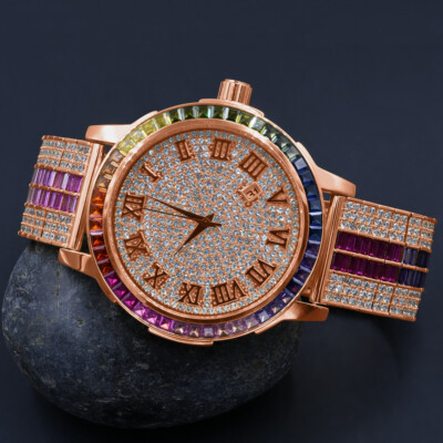 Pre-owned Ice House Mens Rose Gold Roman Numeral Rainbow Multi Dial Solid Steel Bezel Diamond Watch