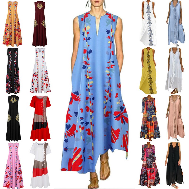 Damen Boho Blumen Ärmellos Lang Kleid Maxikleid Kaftan Urlaub Strand Sommerkleid