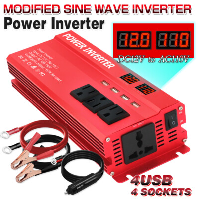 2000W Peak 800W Rated Power Inverter Car Converter 12v to 110v 120v 4USB 4AC Red