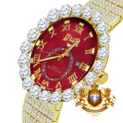 Pre-owned Ice House Real Diamond Roman Dial Gold Tone Red Face 10 Row Custom Band Bezel Watch 55mm