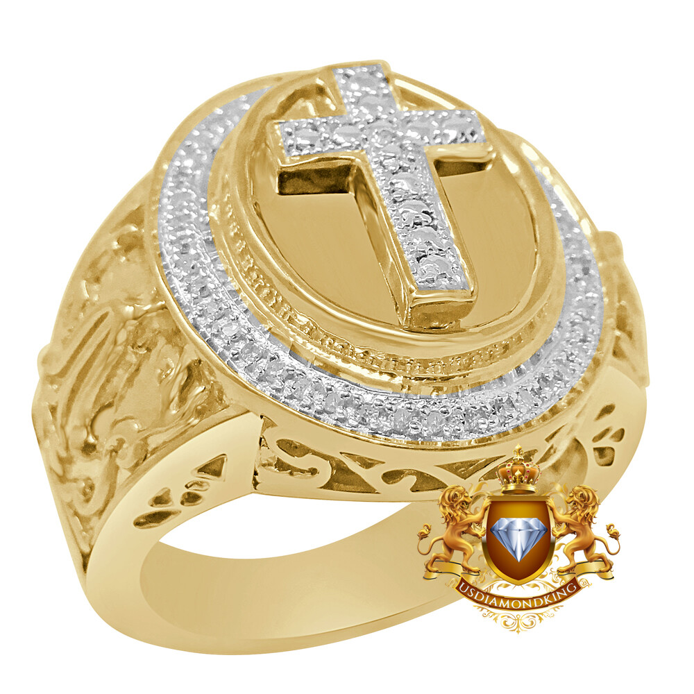 Pre-owned Us Diamond King Real Genuine Diamond Holy Jesus Cross 10k Gold Finish Men's Religious Ring Band