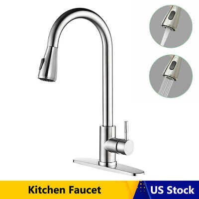 Kitchen Faucet Sink Pull Down Sprayer Brushed Nickel Mixer Tap with Cover Plate