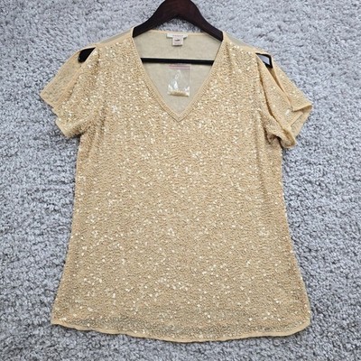 Sundance Womens Beaded Sequin Top Size M Beige Split Sleeve Pullover