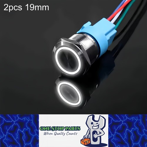 2 x 19mm White LED Metal Push Button Switch 12V-24V Pre-Wired Self-Rest Switch