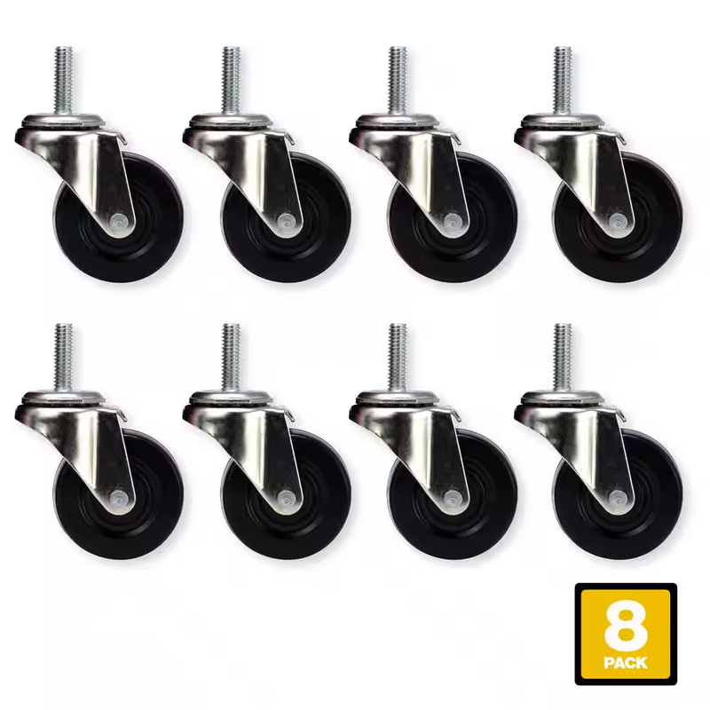 2 Inch Swivel Threaded Stem Casters Soft Rubber Wheels Black 80 lb Load Pack 8