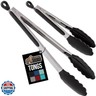 GORILLA GRIP Stainless Steel Heat Resistant Kitchen Tongs for Cooking, 9 + 12 Inch, Set of 2 BBQ Tong, Non Scratch Silicone Tip for Pan, Strong Grip, Grab Food, Toss Salad, Air Fryer, Pull Lock, Black