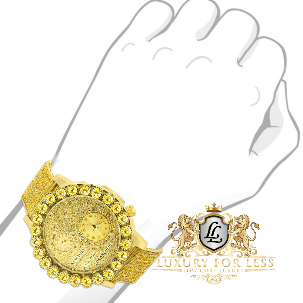 Pre-owned Ice Master Canary Gold Tone Men's Prong Set Real Diamond Dial 2 Time Zone Chronograph Watch