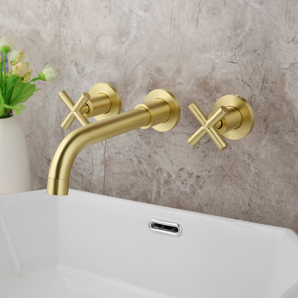 US Vanity Brushed Gold Wall Mount Bathroom Basin Sink Mixer Faucet 2