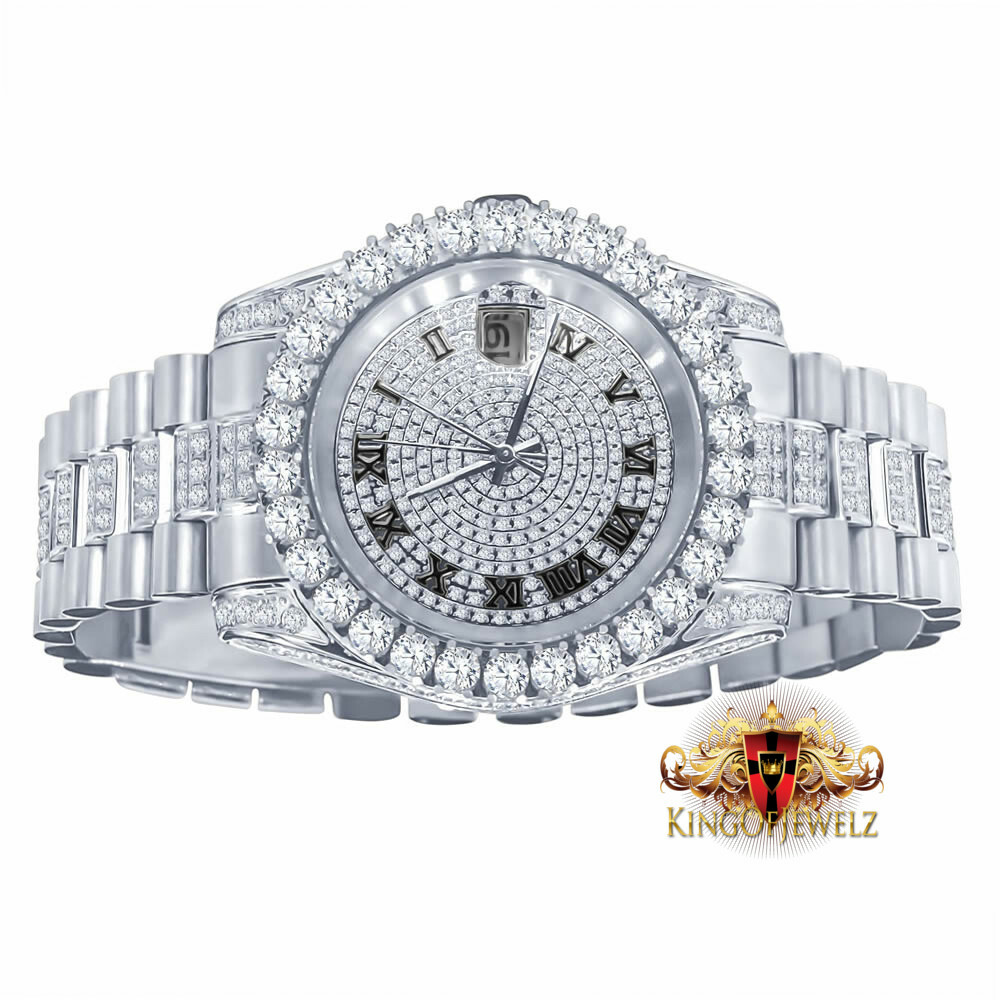 Pre-owned Blingmaster Men's White Gold Tone Stainless Steel Presidential Watch 41 Mm Simulated Diamond