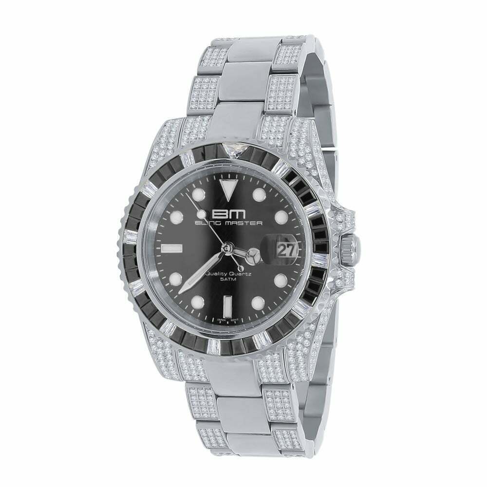 Pre-owned Bling Master Mens Solid Stainless Steel 18k White Gold Finish Simulated Diamond 40mm Watch