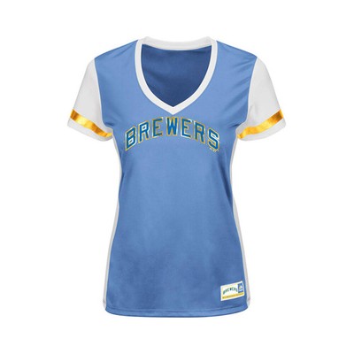 Женская прибрежная синяя футболка Milwaukee Brewers Coop Curveball Babe