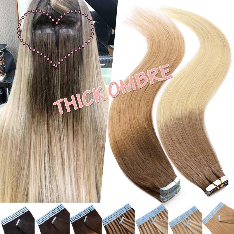 US CLEARANCE Tape in Russian Remy Human Hair Extensions Skin Weft THICK Striaght