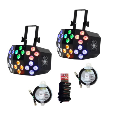 2 Pack Eliminator Lighting Mega Wash 24 RGBWA+UV LED Effect Lights + DMX Cables