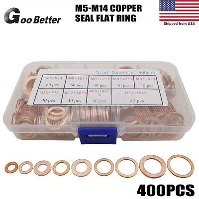 400PCS Washer Solid Copper Crush  Gasket Set Flat O-Ring Seal Assortment Kits US