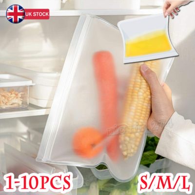 1 10 Reusable Thick Silicone Food Storage bags Zip Lock Freezer bag Leak Proof