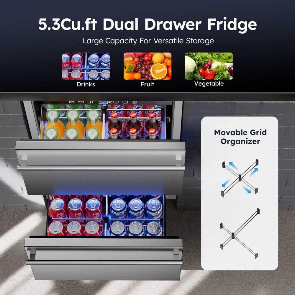 24 Inch Under Counter Beverage Refrigerator, Double Drawer Beverage Fridge
