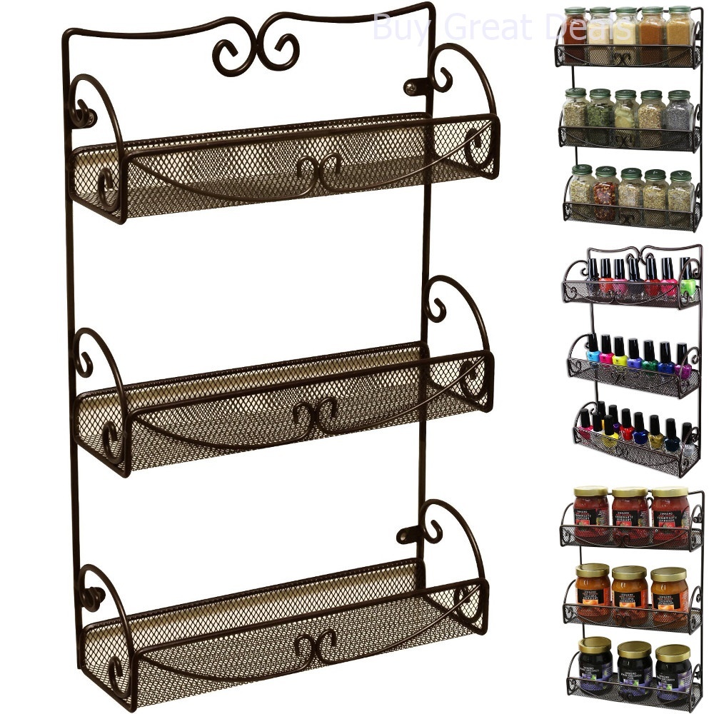 Spice Rack 3 Tier Wall Mounted Holder Storage Shelf Cabinet