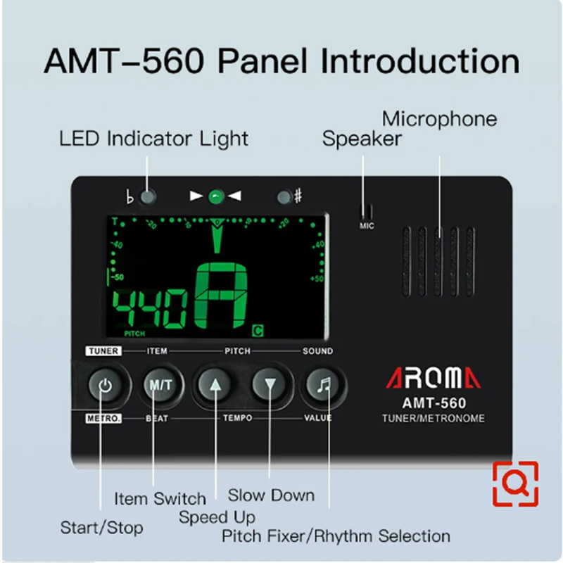 Aroma AMT-560 Electric Guitar Tuner & Metronome Built-in Mic with Pickup Cable 6