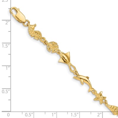 Pre-owned Skyjewelers Real 14k Yellow Gold Polished And Textured Ocean Motif 7 Inch Chain Bracelet
