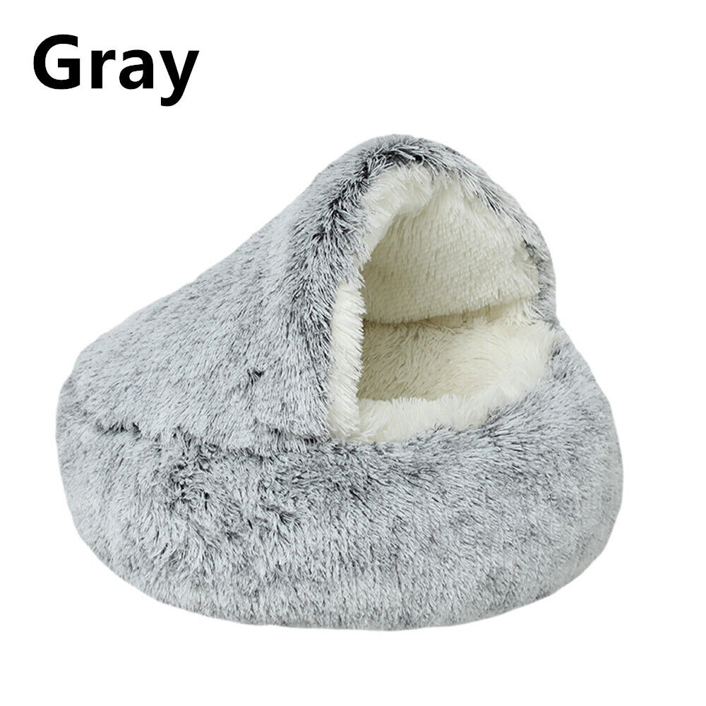 Cat Bed Cave Round Plush Fluffy Hooded Cat Bed Donut Self Warming Pet Dog Bed