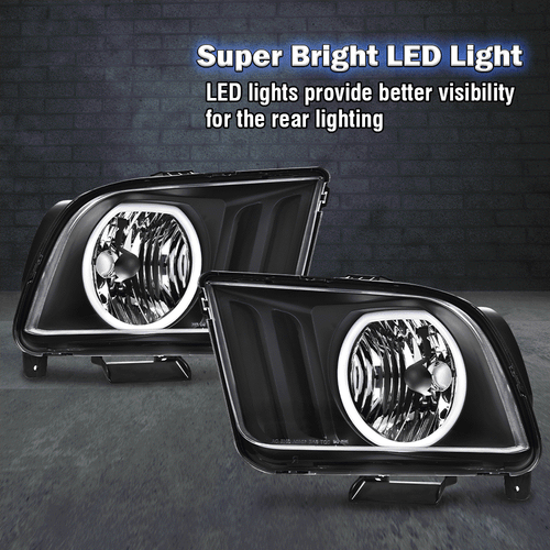 Fit For 2005-2009 Ford Mustang LED DRL Halo Headlights Assembly Black Headlamps 