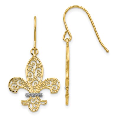 Pre-owned Superdealsforeverything Real 14kt & Rhodium Fleur De Lis Shepherd Hook Earrings In Yellow