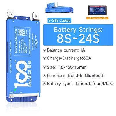 Balance 8S-24S 40A-100A Lifepo4/ Li-ion Battery Smart BMS w/ Bluetooth +UART+LCD