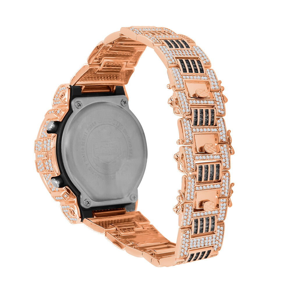 Pre-owned Usdiamondking Baguette Black Onyx Rose Gold Tone Casio Shock Authentic Dw-6900 Custom Watch