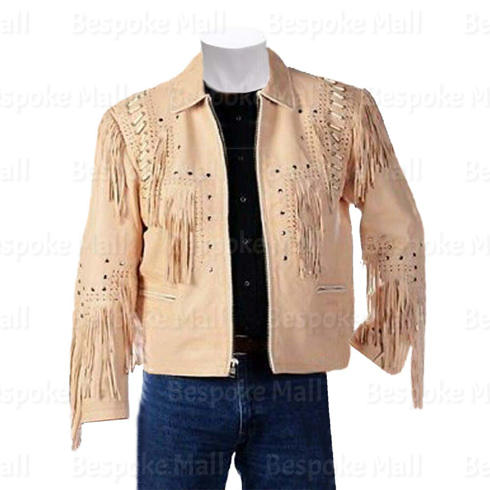Pre-owned Handmade Men's Native American Western Cowboy Leather Jacket Fringes Bone Studs-245 In White