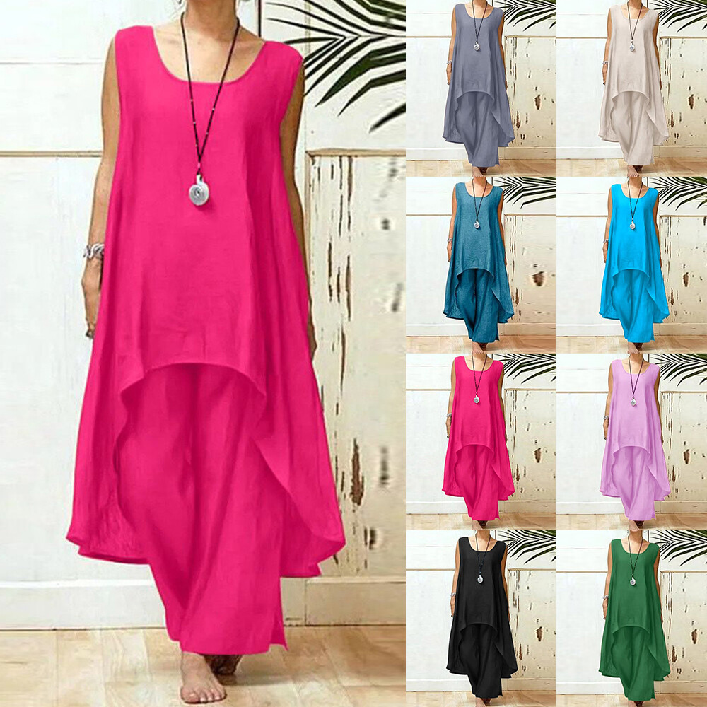 Plus Size Womens Cotton Linen Tracksuit Set Tank Tops Pants Loose Loungwear Suit