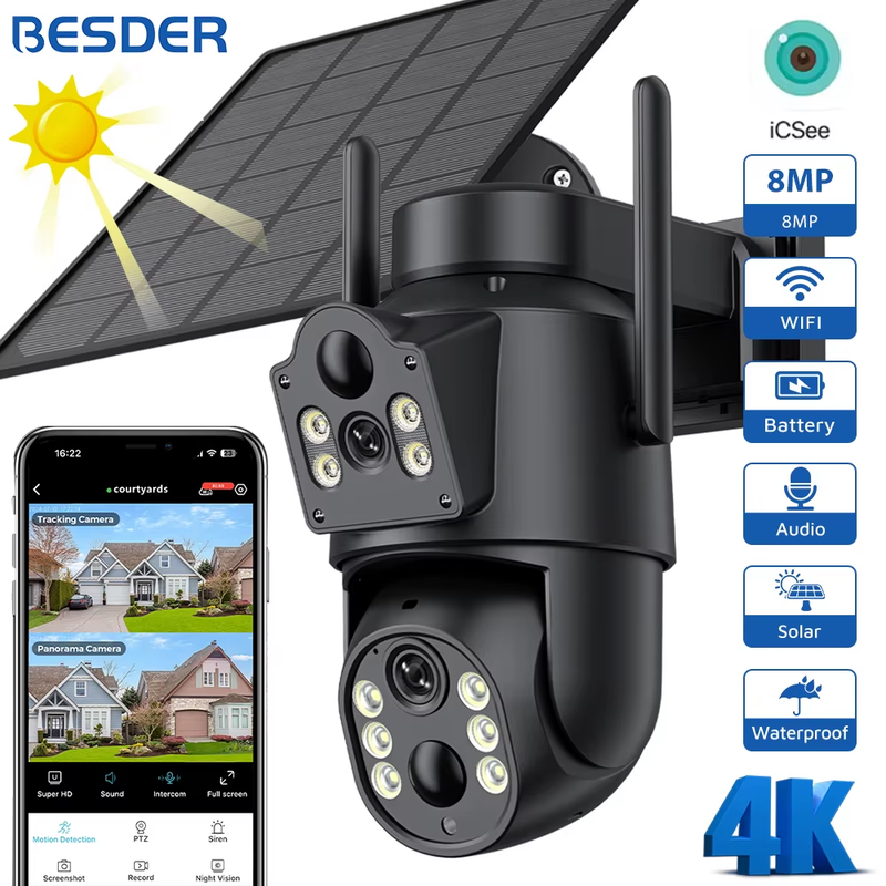 8MP WiFi Solar Camera Outdoor Dual Screens Built-in Battery Solar Panel Wireless