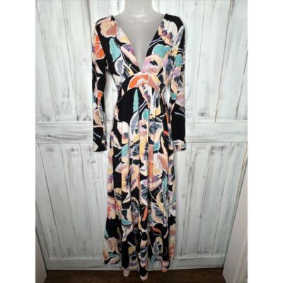 MAAJI BLOOMING SKY BLACK WATERCOLOR FLORAL LONG SLEEVE DEEP V-NECK MAXI DRESS S