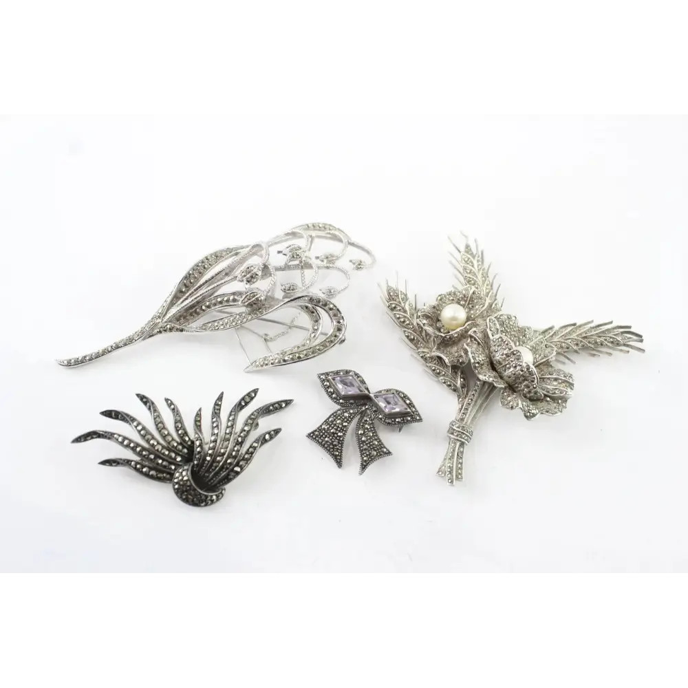 Sterling Silver Brooch Set – Marcasite & Simulated Pearl Floral x4 (65 g)