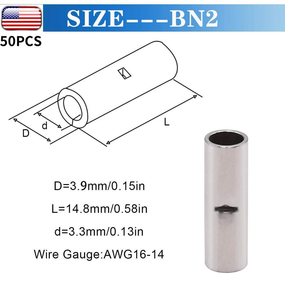 14-16 GAUGE 50 PK UNINSULATED NON INSULATED TINNED BUTT CONNECTOR TERMINAL WIRE