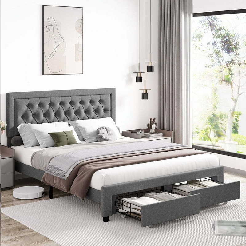 Queen Storage Bed 2 Drawers PU Leather Bed Frame Adjustable Headboard Black